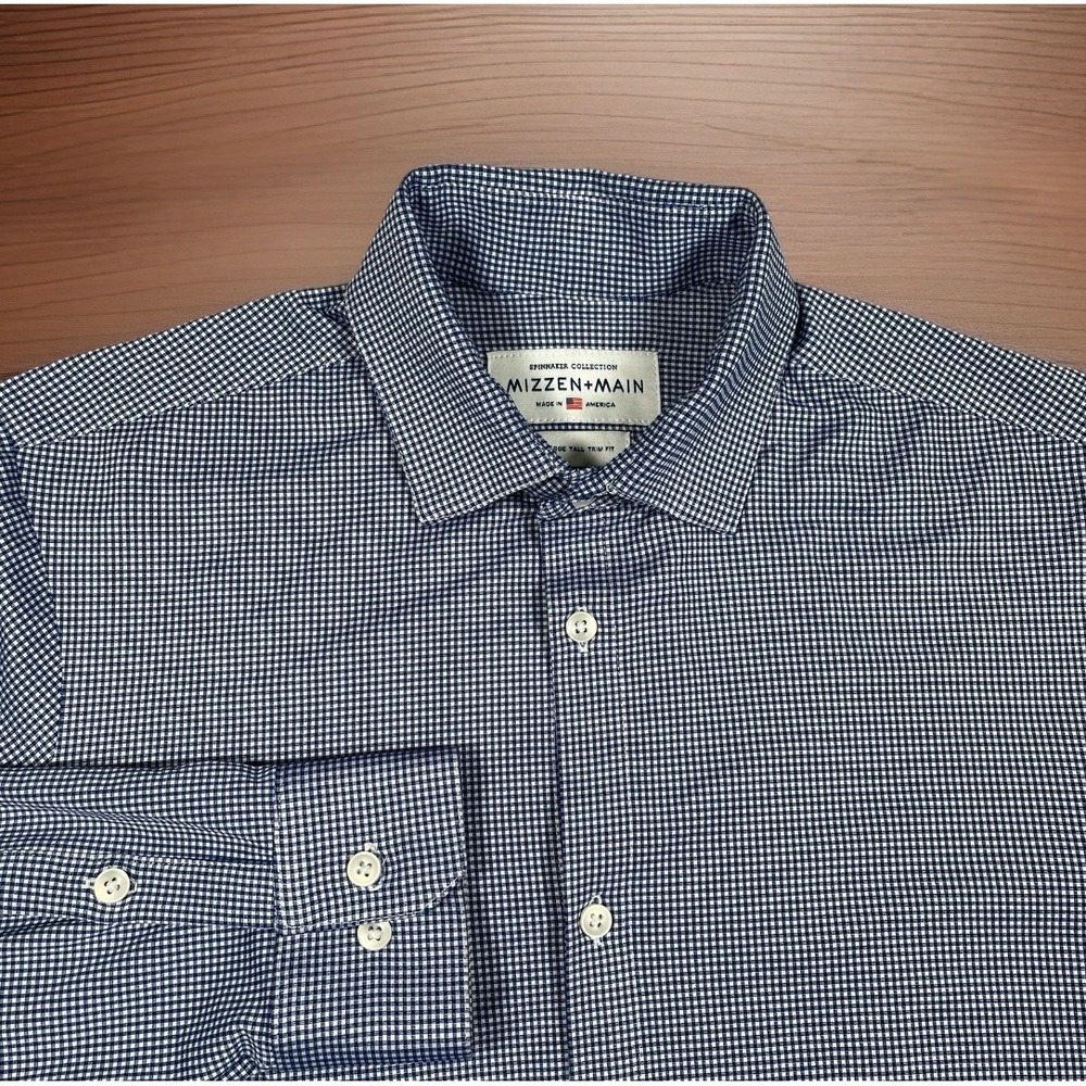 Mizzen+Main Spinnaker Button Up Shirt Mens L-Tall Blue Gingham Trim Fit USA